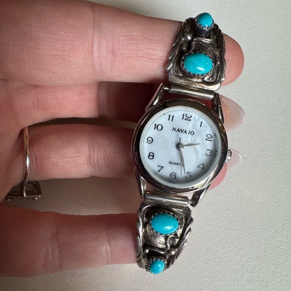 Vintage Navajo Turquoise Sterling silver stretch bracelet watch main image 14